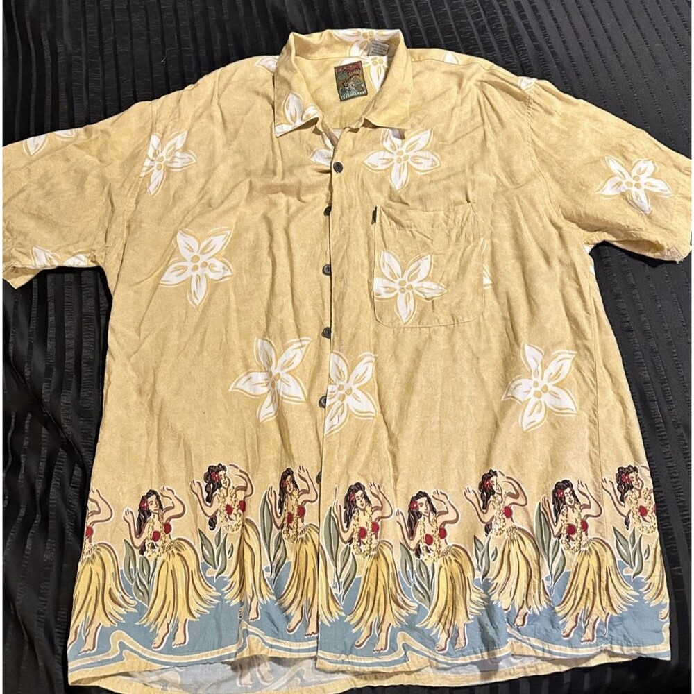 Pineapple Connection Hawaiian Button Down Shirt Men's Size 2XB Yellow Hula Girls